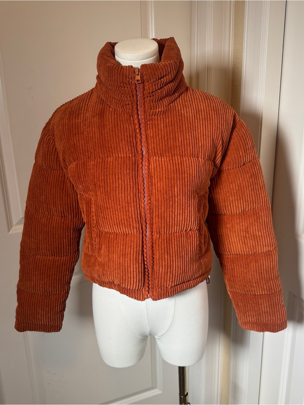 7 For All Mankind Rust Orange Corduroy Cropped Puffer Jacket XS